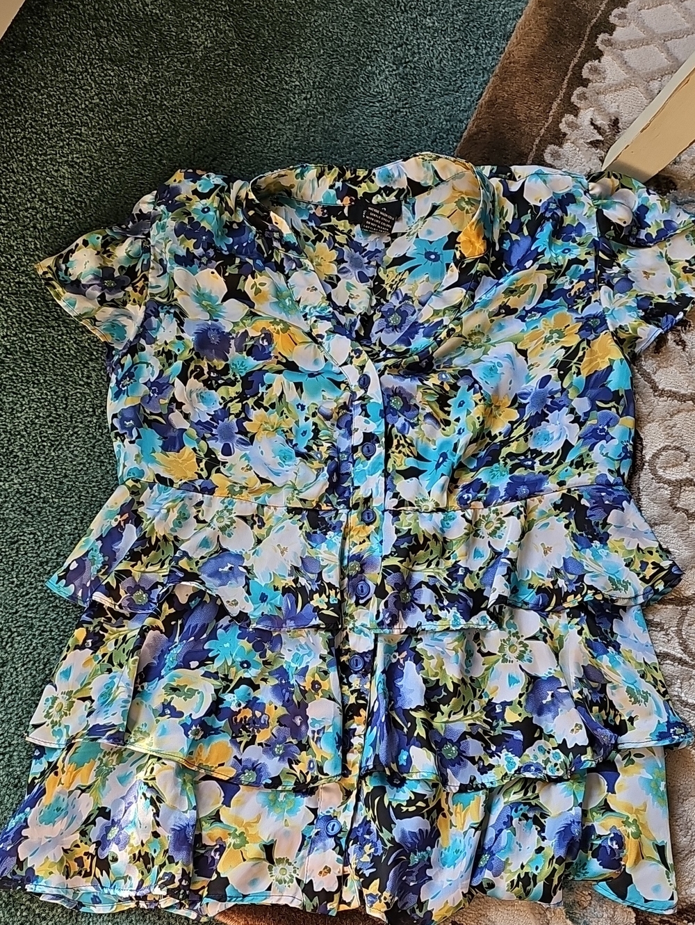 Allison Morgan Floral Tiered Ruffle Blouse - Blue & Yellow